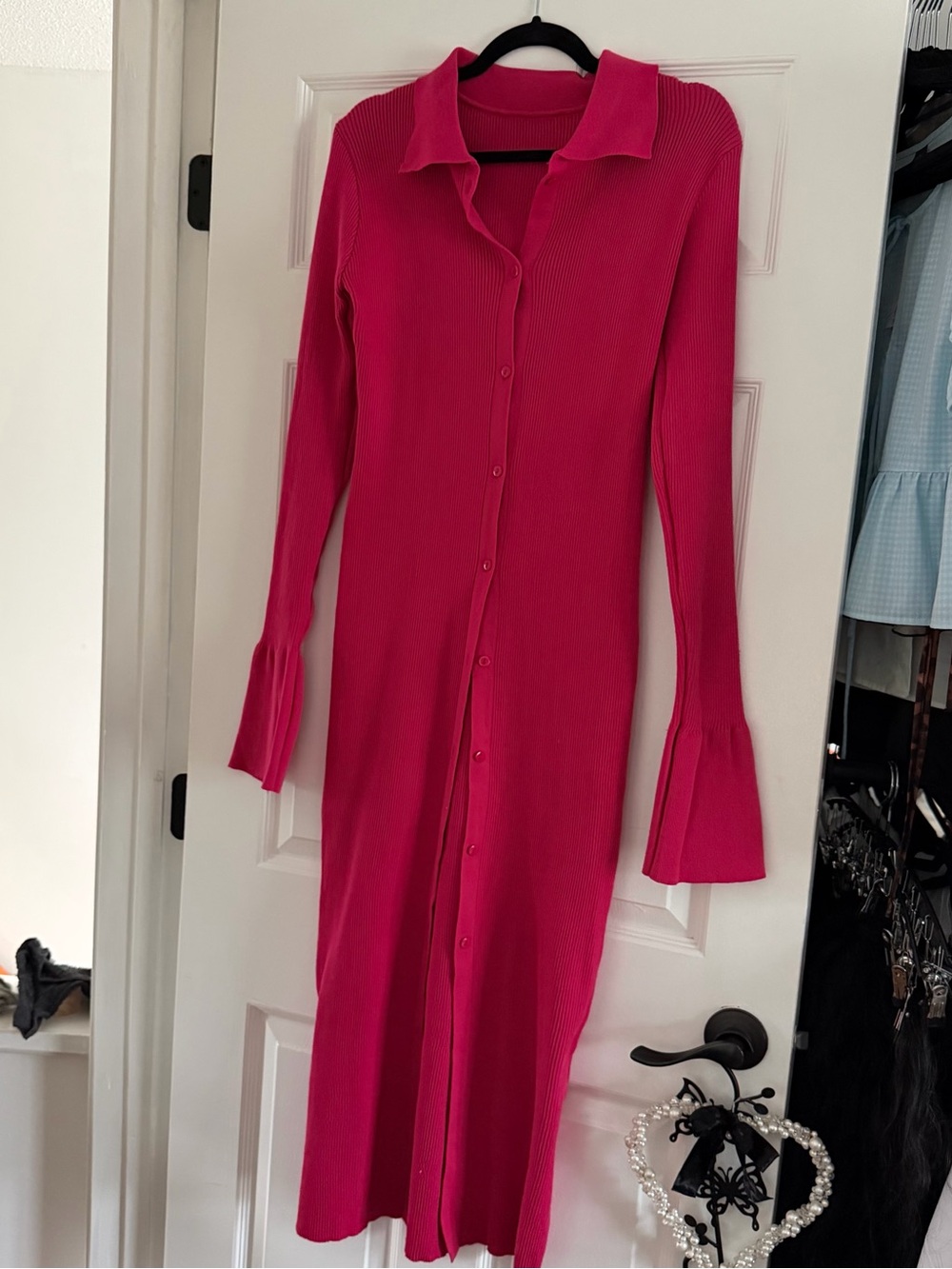 Long Button-Front Ribbed Dress in Bright Pink